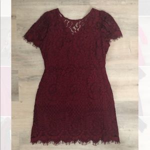 Lulus Pearson Wine Red Lace Short Sleeve Dress